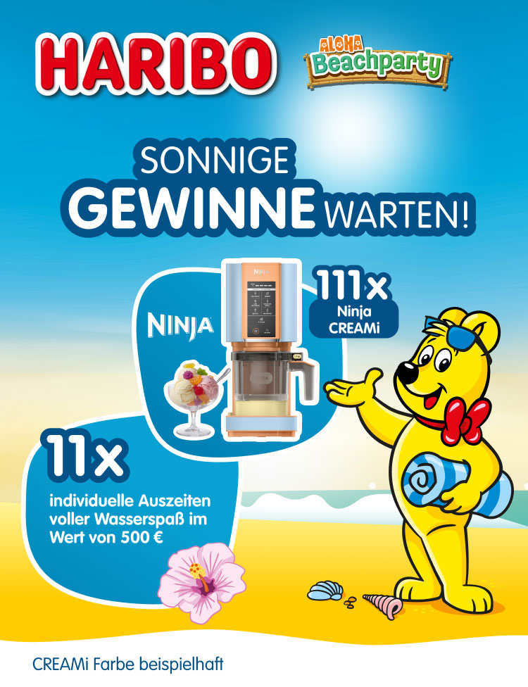 HARIBO Aloha Beachparty. Sonnige Gewinne warten. Sichere dir die Chance auf 1 von 11 individuell zusammengestellten Auszeiten voller Wasserspaß im Wert von 500 € oder 1 von 111 Ninja Creami Eismaschinen. Abbildung beispielhaft - Farbe kann abweichen